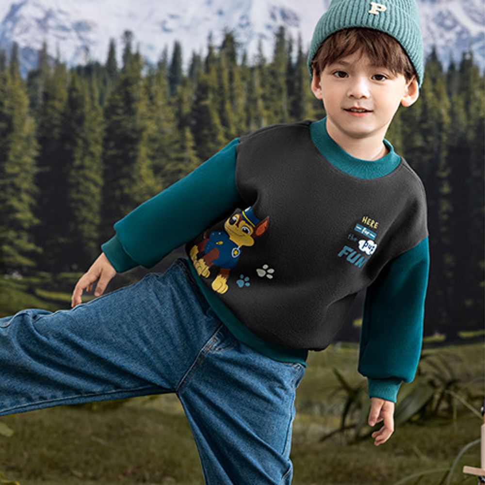 卡通汪汪隊加絨長袖上衣/大學T-卡通人物阿奇-拼色深灰