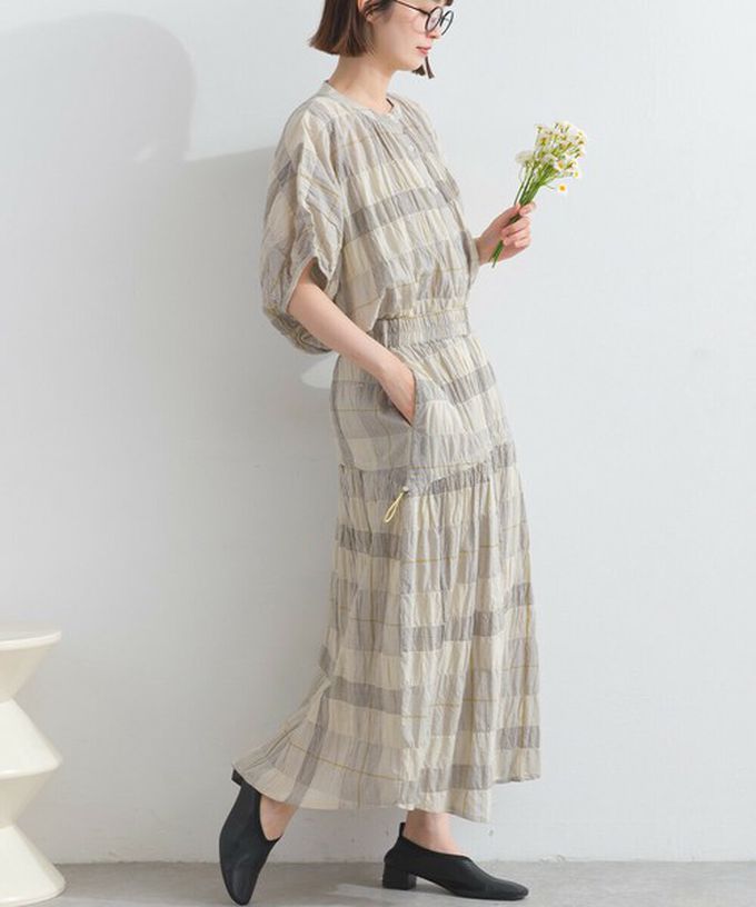 日本 Lupilien - 印度棉 皺皺文青格紋側抽繩長裙-黑灰