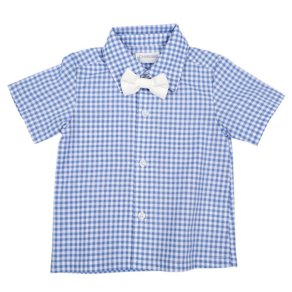 短袖襯衫-附領結 格紋-藍色
