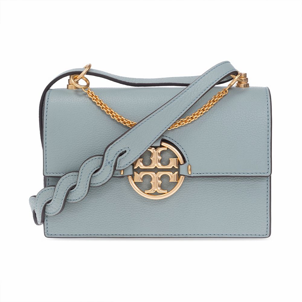 Tory burch - 雙TLOGO皮革翻蓋肩背包 (淺藍)