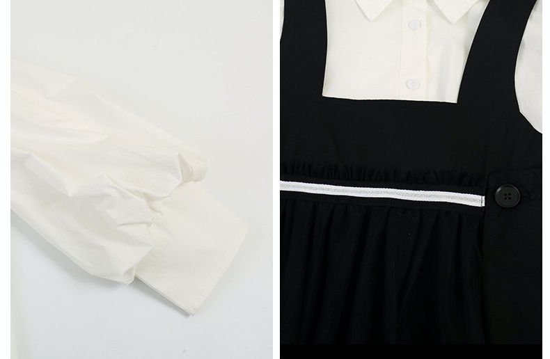 泡泡袖襯衫吊帶裙套裝-黑+白