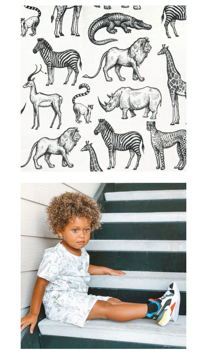 英國 SLEEP NO MORE - 100% 有機棉兒童抽繩短褲-黑白動物園 (4-6 Y)