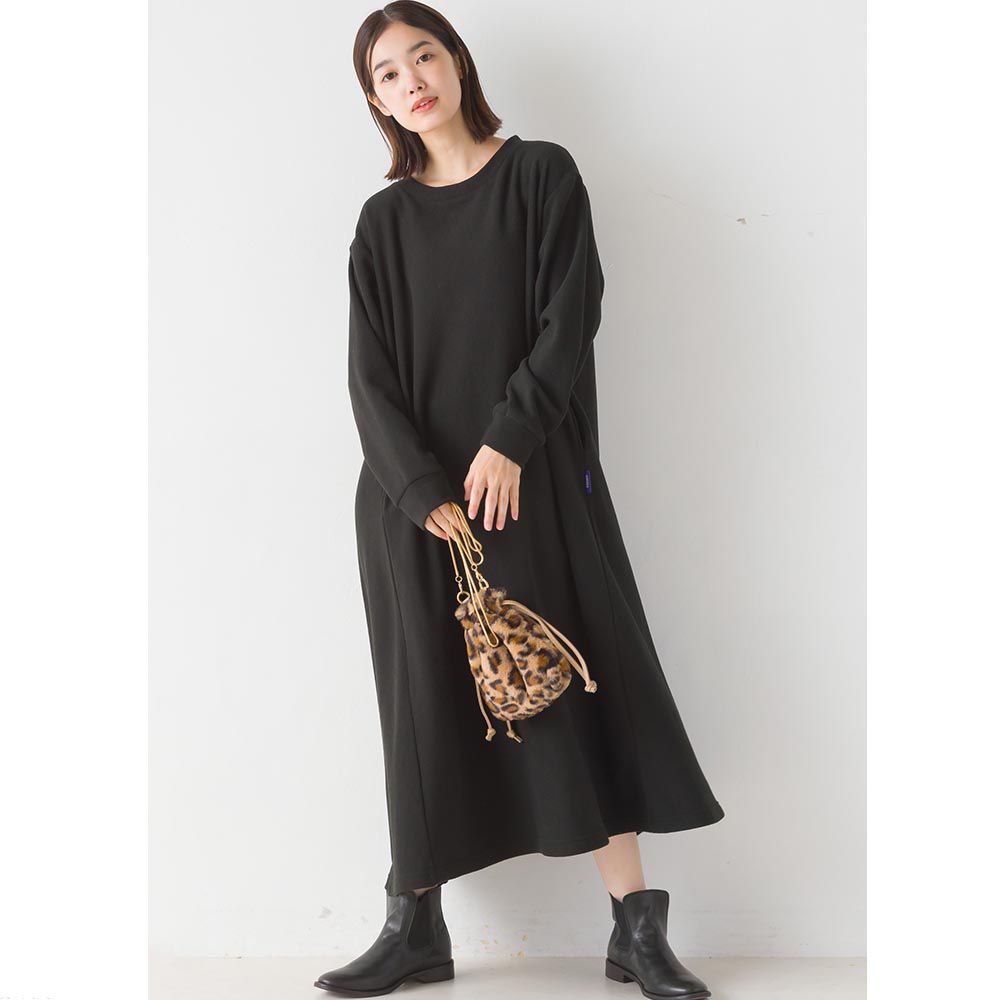 日本 OMNES - 防靜電微絨定番長袖洋裝-黑色