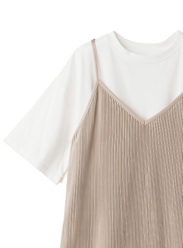 日本 GRL - 短袖上衣x楊柳細摺吊帶裙2件組-淺可可 (F)