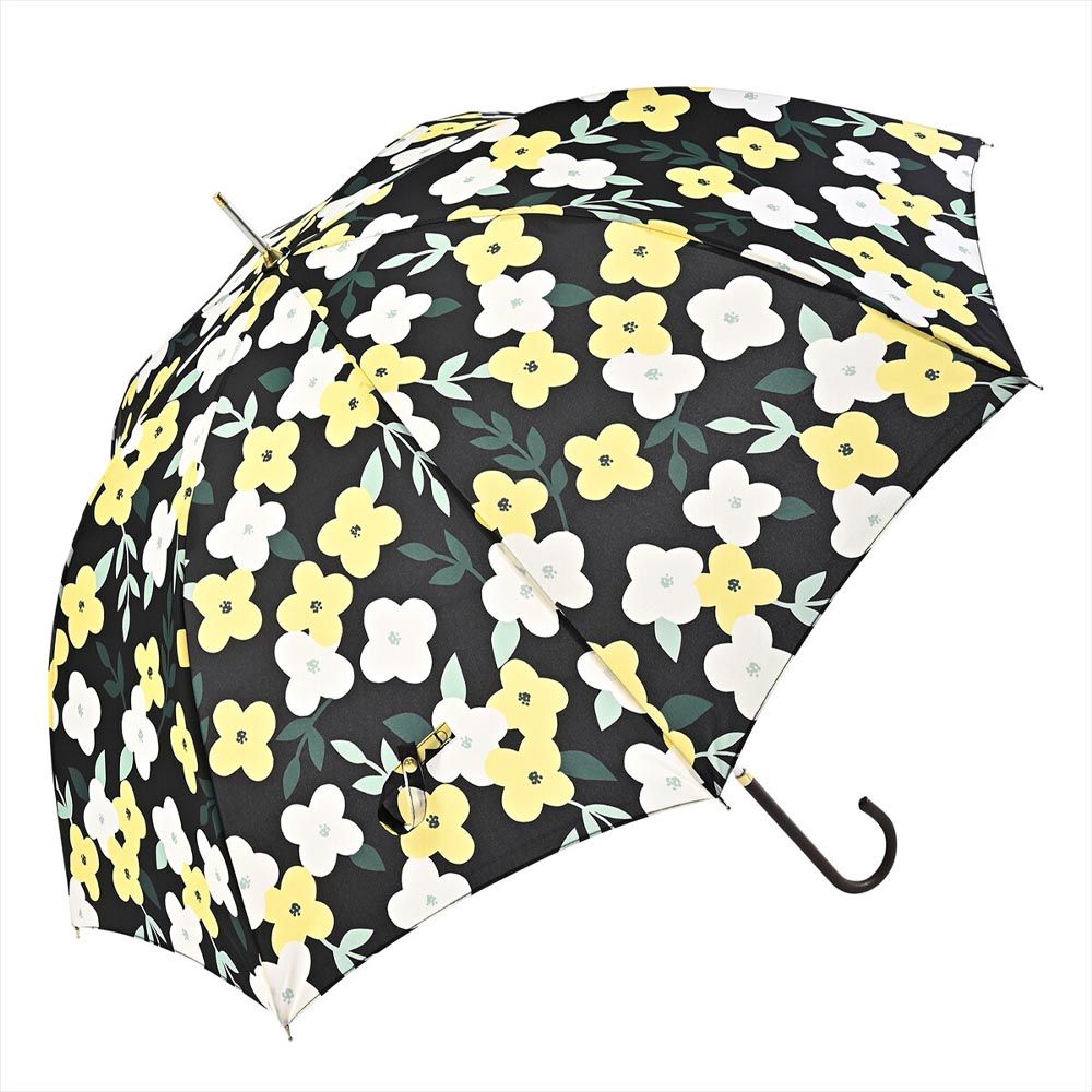 日本 nifty colors - 抗UV輕量 晴雨兩用J型手把直傘-波普花朵-黑 (直徑90cm/252g)
