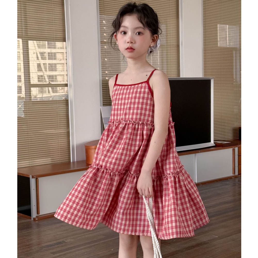 細肩帶蛋糕裙/洋裝-荷葉邊-紅白格子