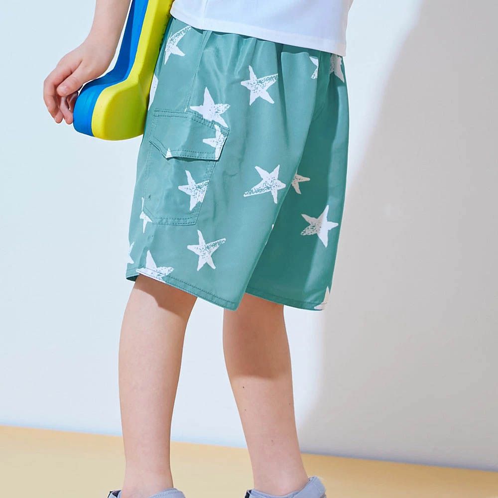 90%抗UV 鬆緊印花沙灘褲/泳褲(含內褲)-星星-薄荷綠