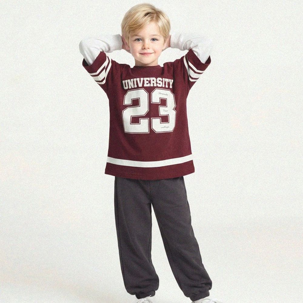 學院假兩件長袖上衣X縮口長褲套裝-酒紅X深灰