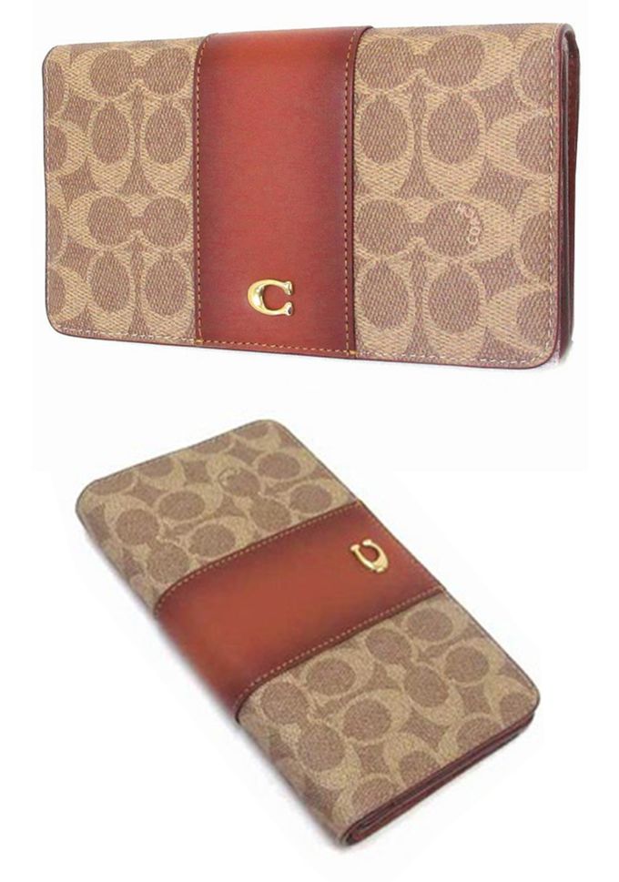 COACH - C字LOGO拼接皮革復古長夾 (老花棕)
