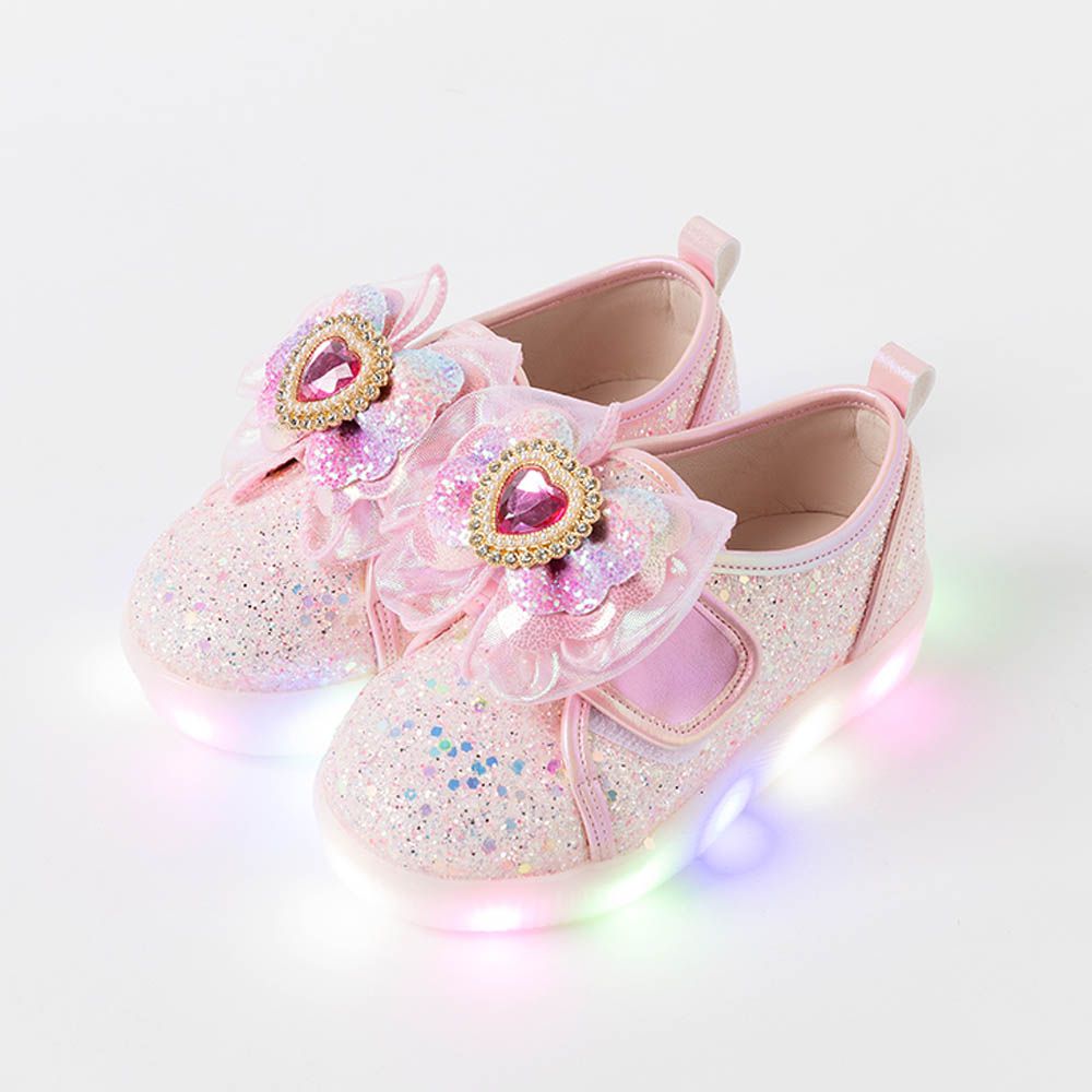 (LED)閃耀寶石愛心厚底休閒鞋-淺粉