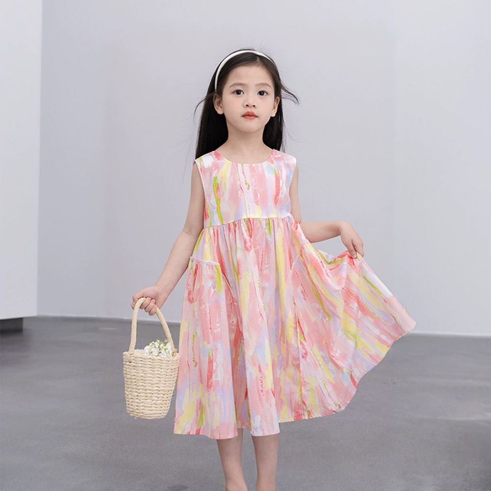 油畫風無袖洋裝-花卉-粉色