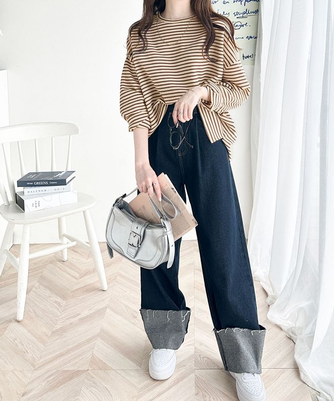 日本 Classical Elf - 萬能定番細條紋側開叉長袖上衣-白底黑線