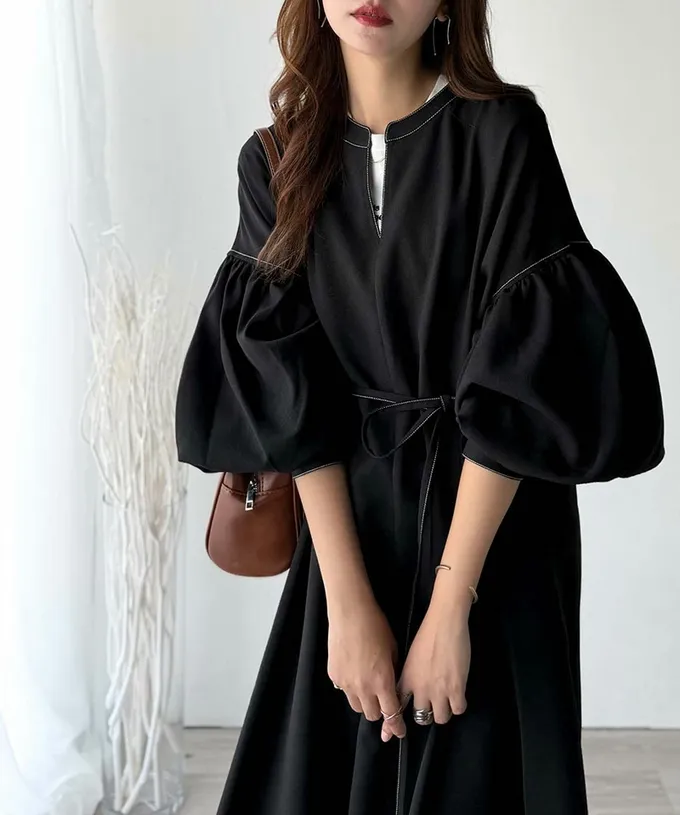 日本 Classical Elf - 鑰匙領氣質澎澎腰綁帶長袖洋裝-海軍藍