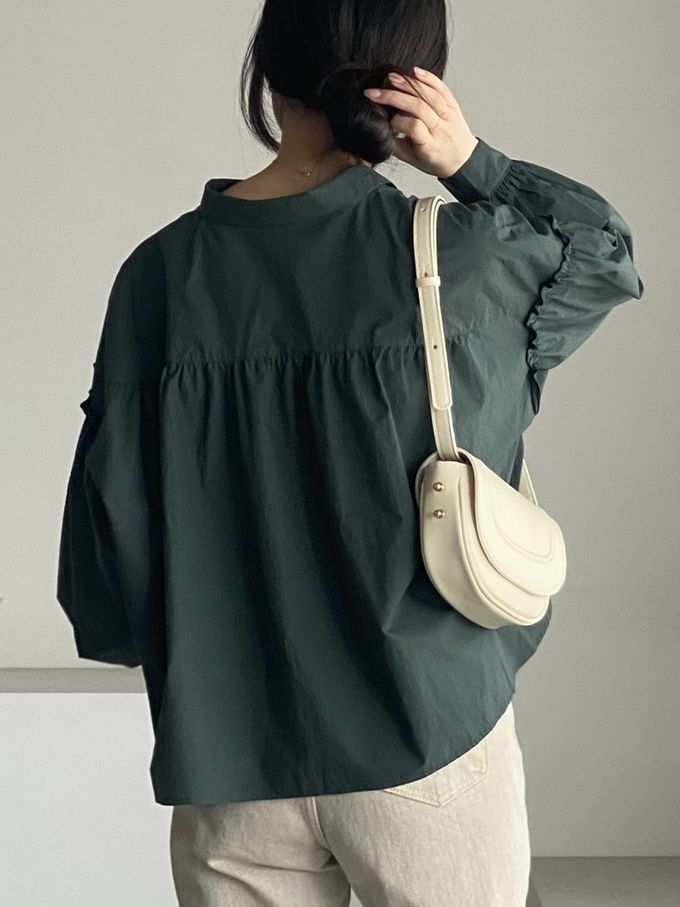 韓國女裝連線 - 極簡拼接翻領長袖襯衫-深綠 (FREE)