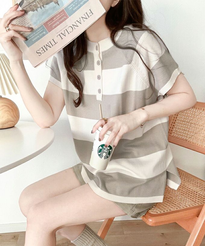 日本 Classical Elf - 定番條紋2way亨利領短袖上衣-摩卡