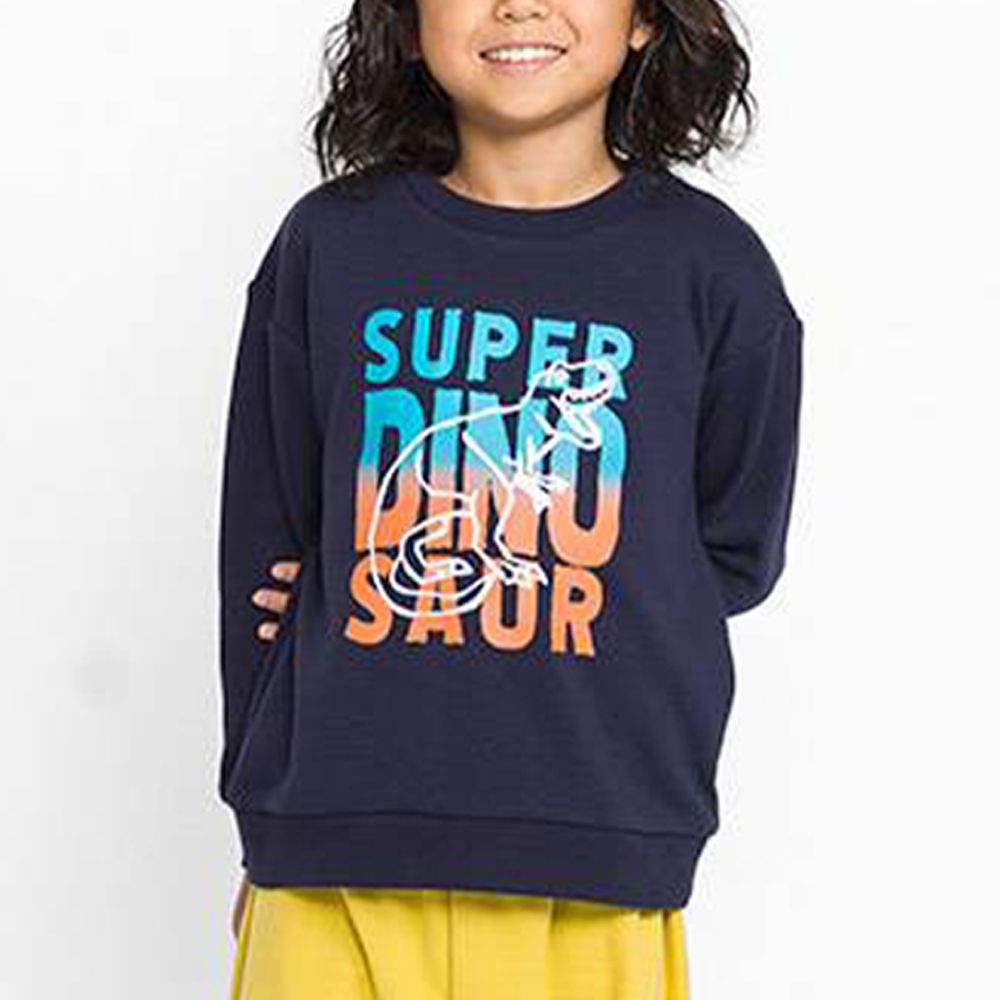 裏起毛俏皮印花長袖上衣-E超級恐龍-海軍藍