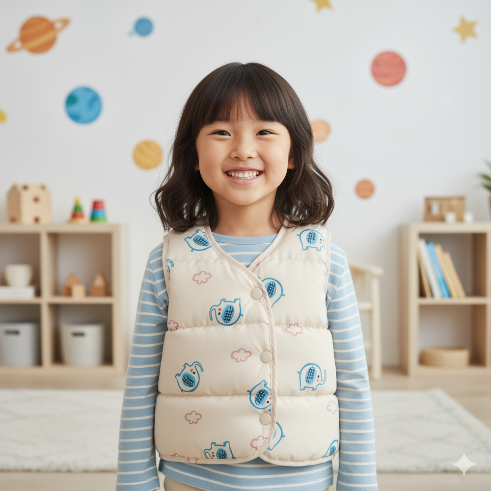 (90%鴨絨)保暖兒童羽絨背心-可愛小象-米白色