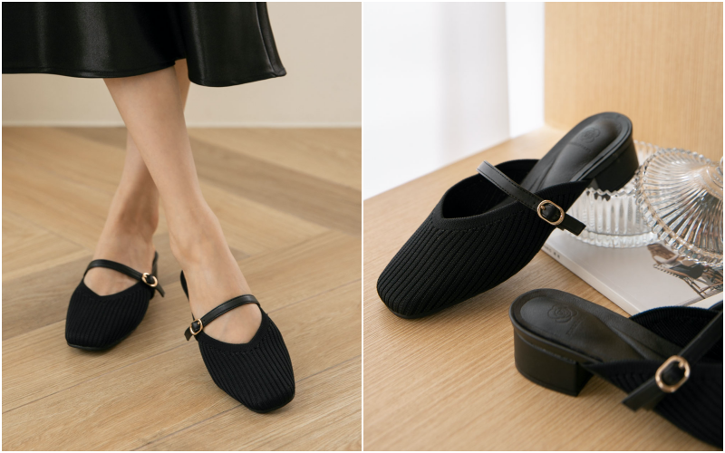 韓國 PINKELEPHANT - 秋日感針織面低跟穆勒鞋(4cm)-淺杏