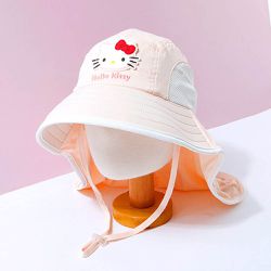 韓國配件連線 - 卡通造型大帽簷網眼防曬遮脖帽-卡通人物凱蒂貓-淡粉橘 (頭圍約52~54cm)