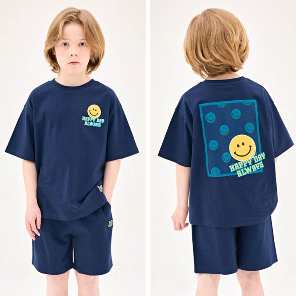 背後笑臉框框印短袖套裝-海軍藍