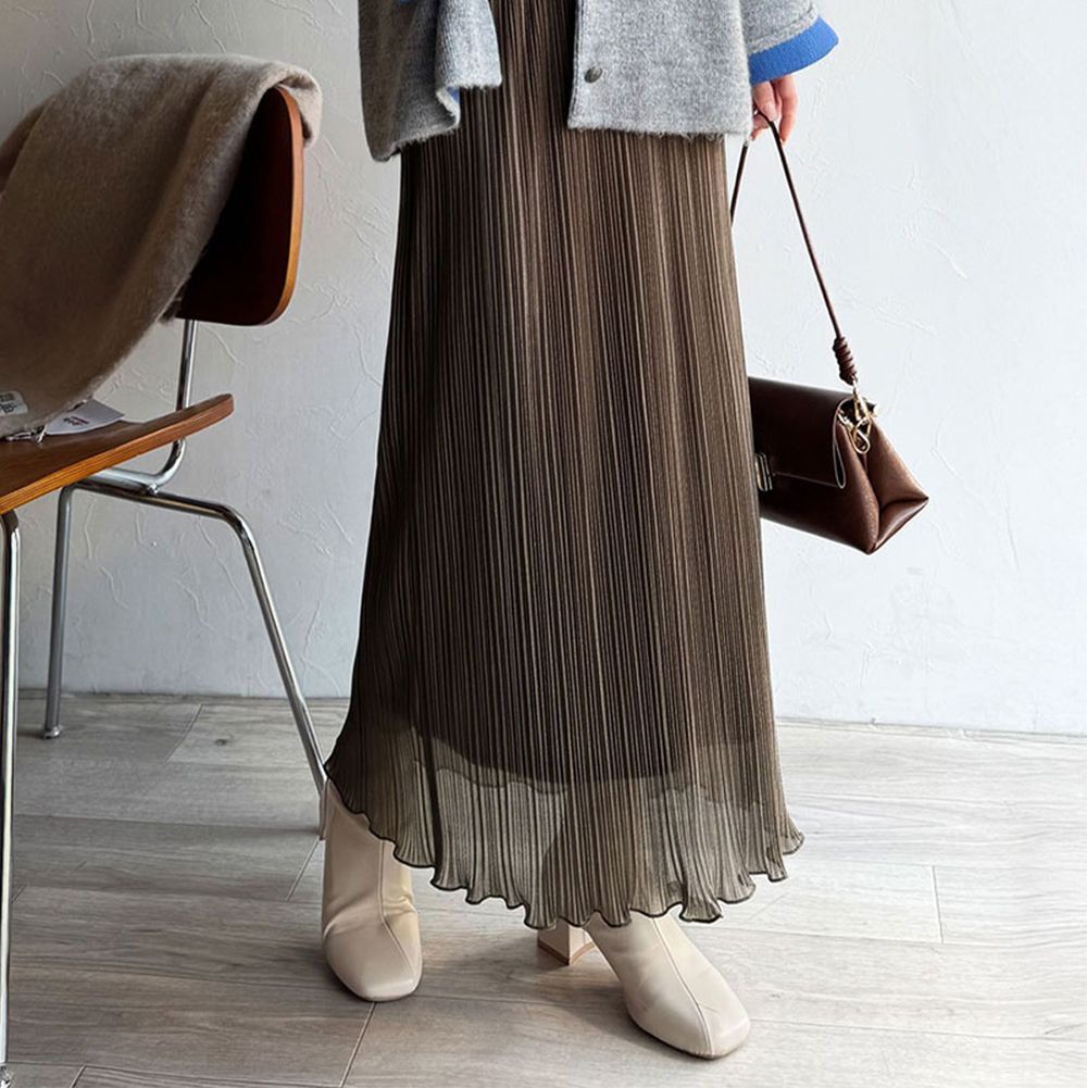 光澤輕盈優雅細百褶長裙-咖啡