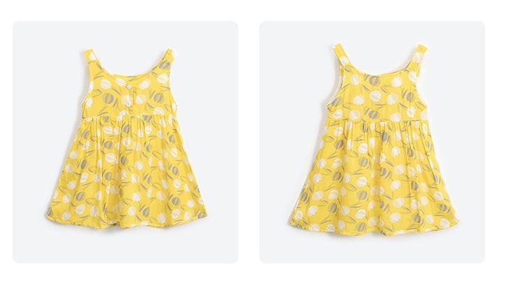 小清新印花吊帶洋裝-滿版花朵-黃+白+灰