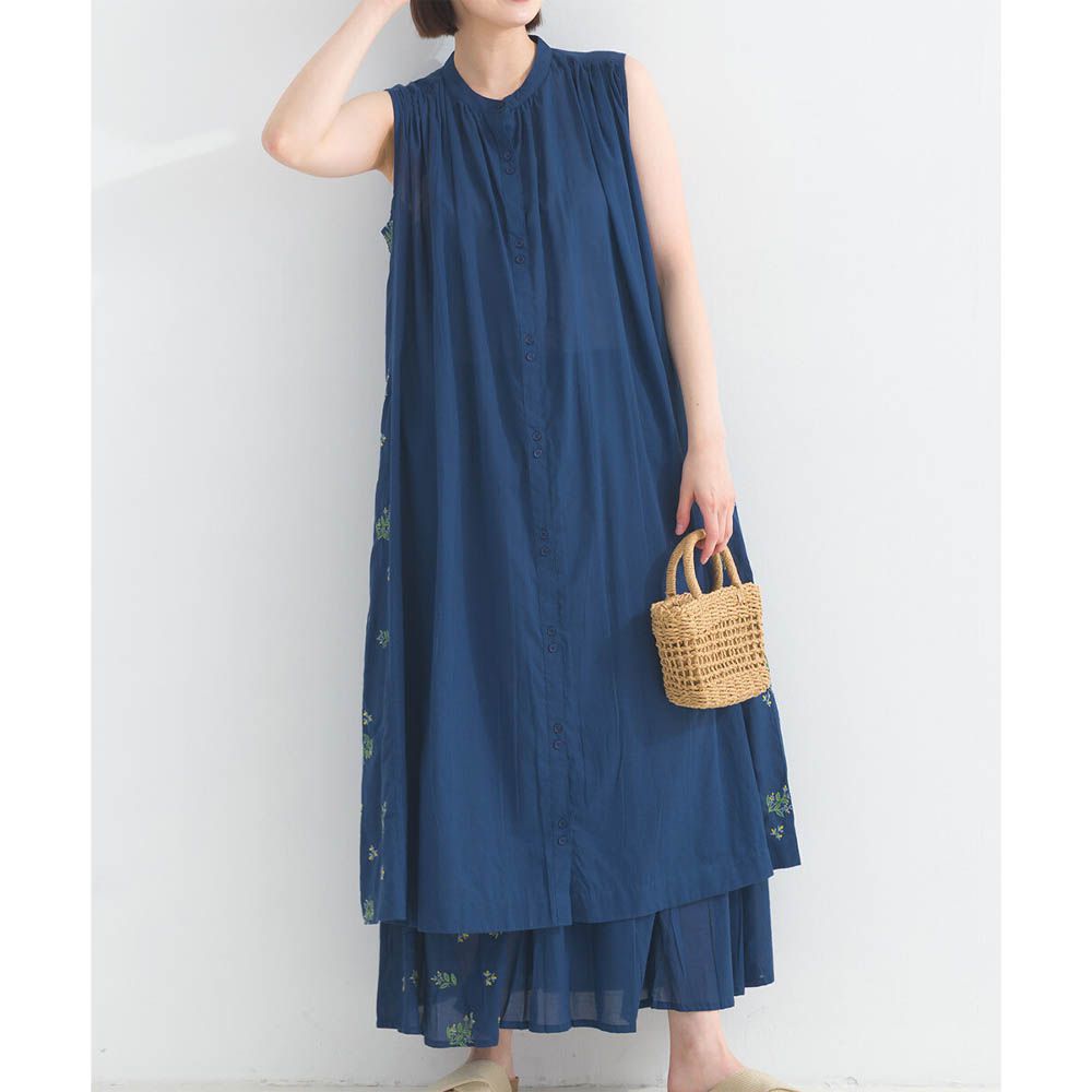 100%印度棉 優美植物側邊刺繡無袖洋裝-海軍藍