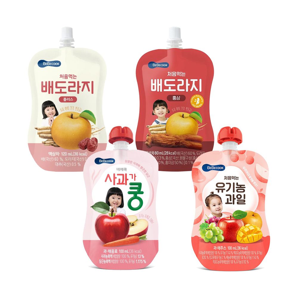 BEBECOOK 寶膳 - 智慧媽媽 嬰幼兒果汁全系列組-四入-蘋果紅蘿蔔汁7M*1+ 綜合果汁9M*1+ 雪梨桔梗汁12M*1+雪梨紅棗桔梗汁12M*1