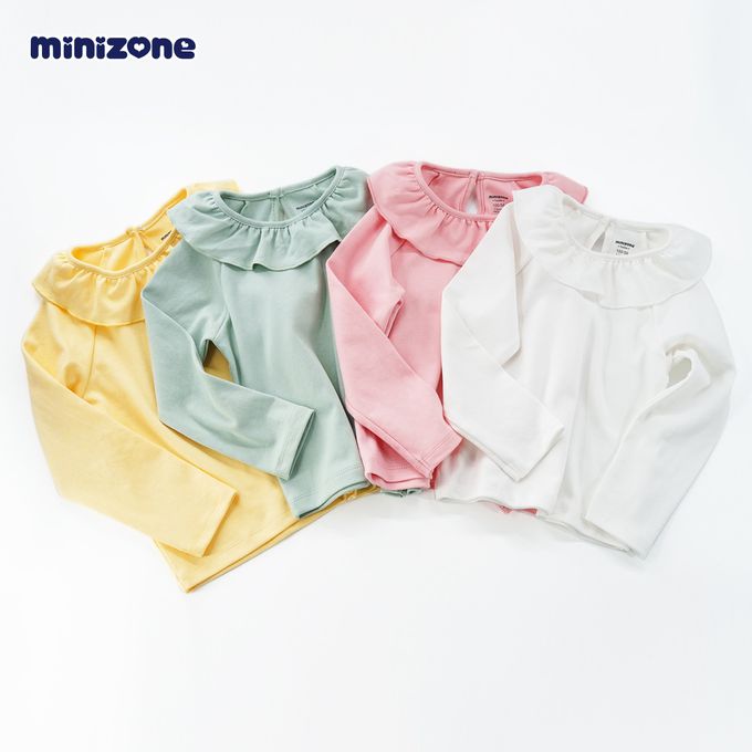 Minizone - 甜美荷葉領素色長袖T恤-藍色