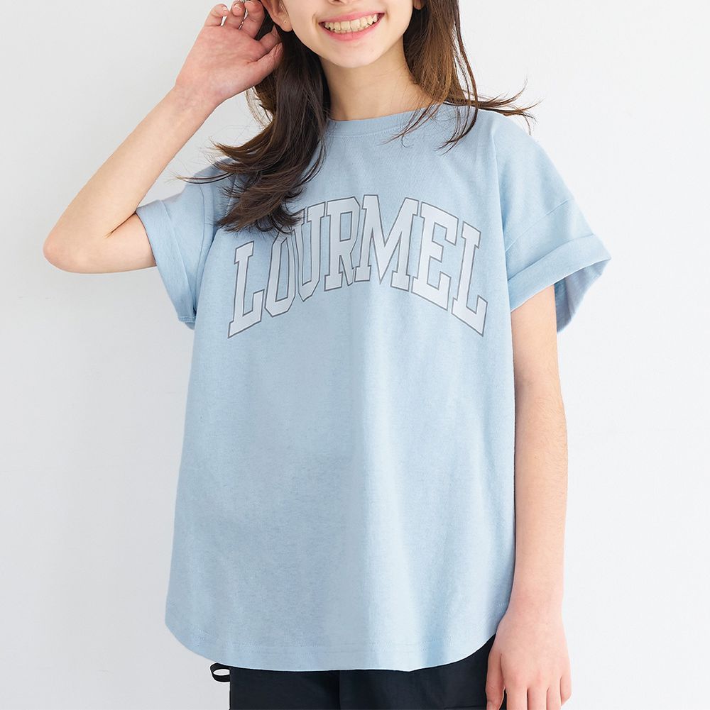 純棉學院風圓弧休閒短袖上衣(小孩)-法文字-水藍