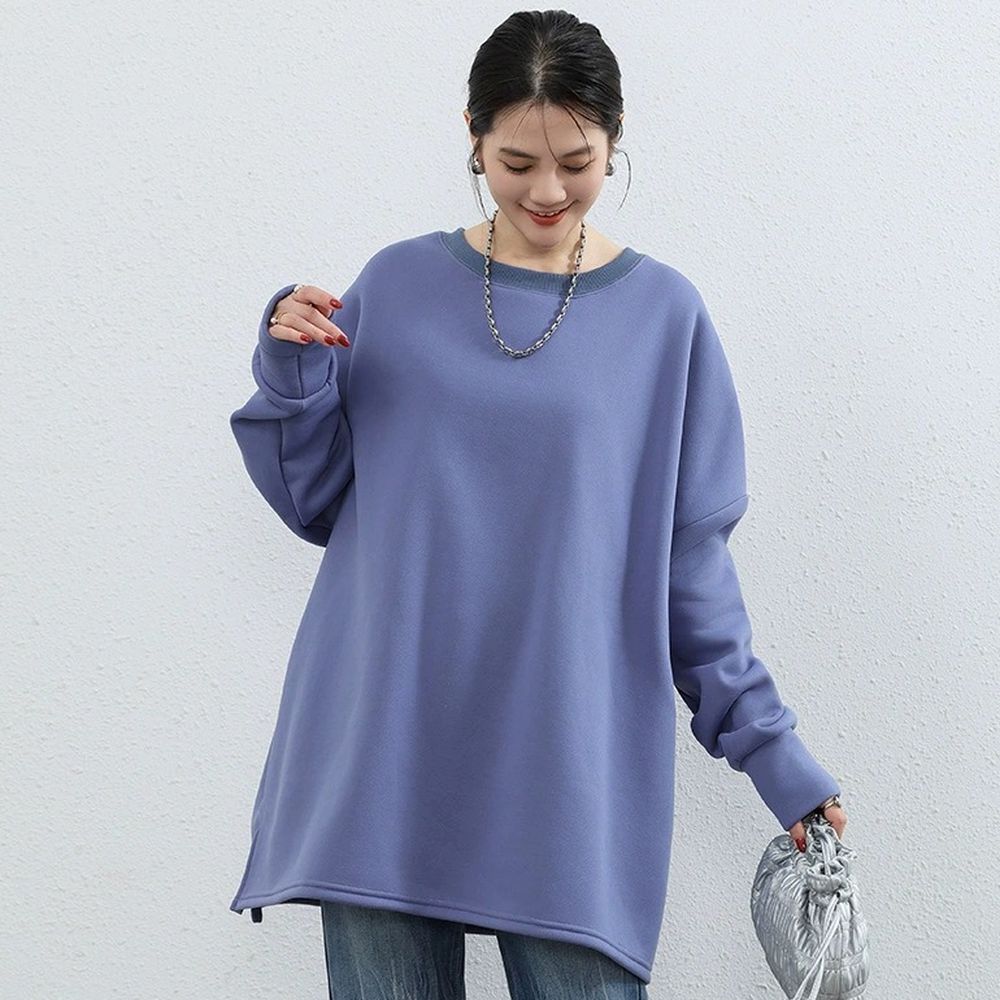 (內裡加絨)寬鬆廓形小開衩長袖上衣-霧紫 (F)