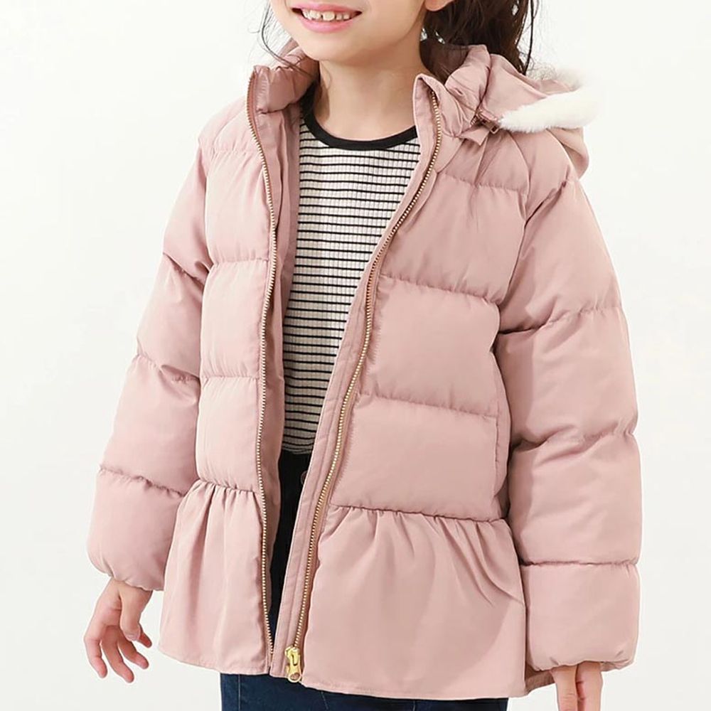 甜美下擺輕暖纖維羽絨外套(毛帽可拆)-粉