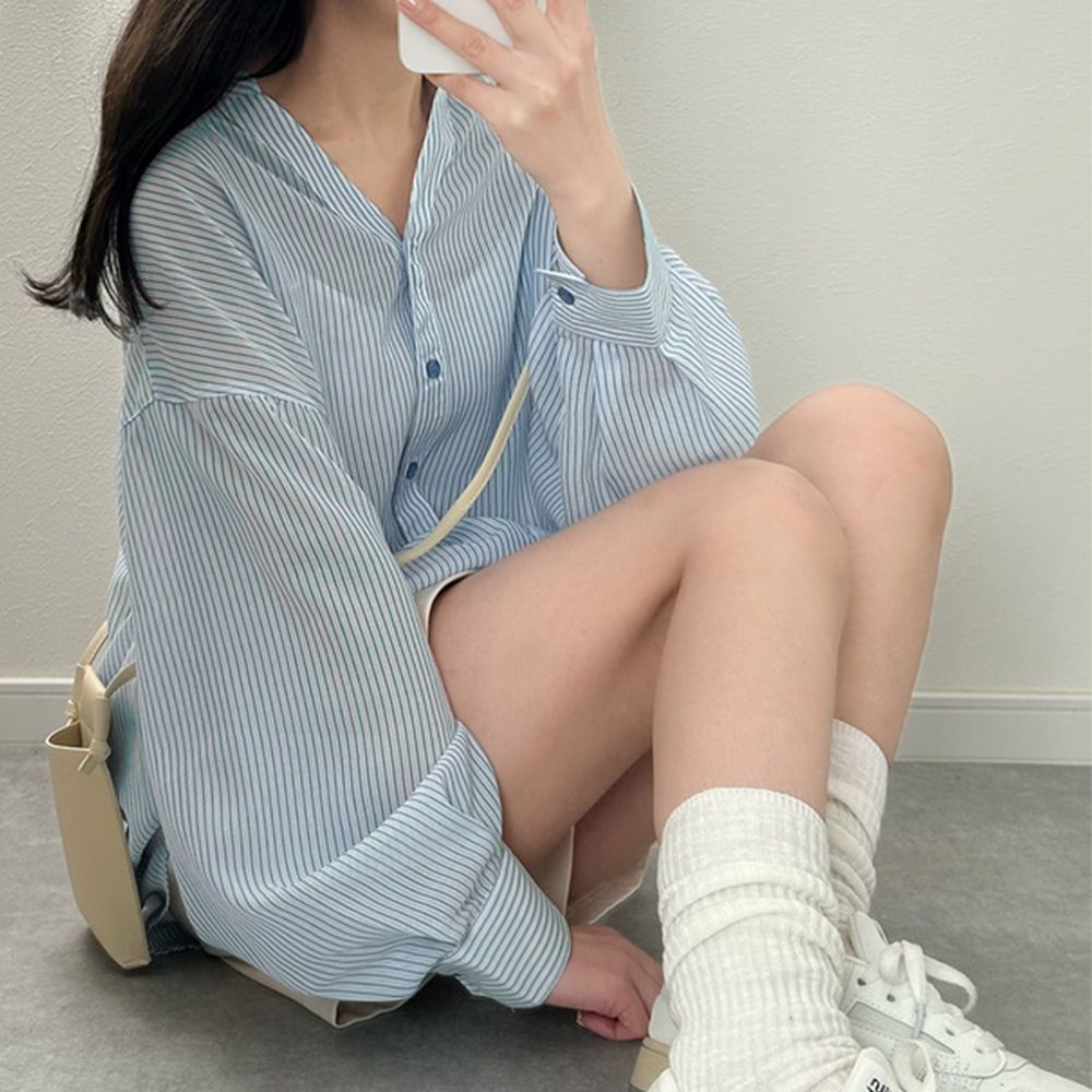 可愛後綁帶翻領透膚長袖襯衫-寶貝藍 (F)