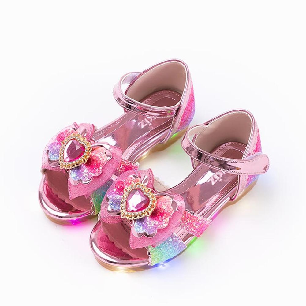 韓國 OZKIZ - (LED燈)粉紅愛心寶石魔鬼氈涼鞋
