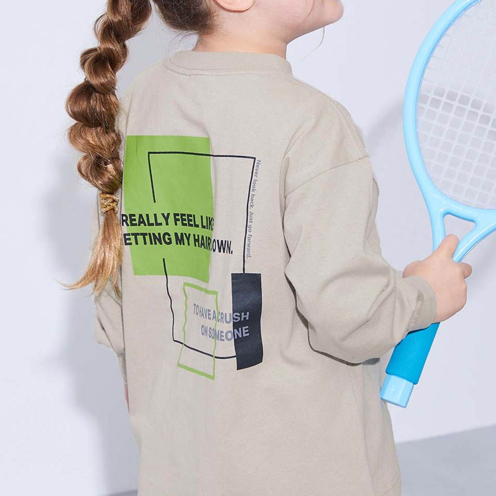 100%棉 定番印花寬版長袖上衣-幾何LOGO-灰杏