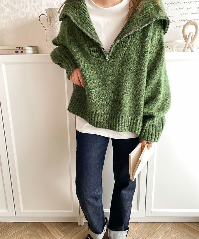 日本 Classical Elf - Java 半拉鏈率性寬鬆素面毛衣-藍