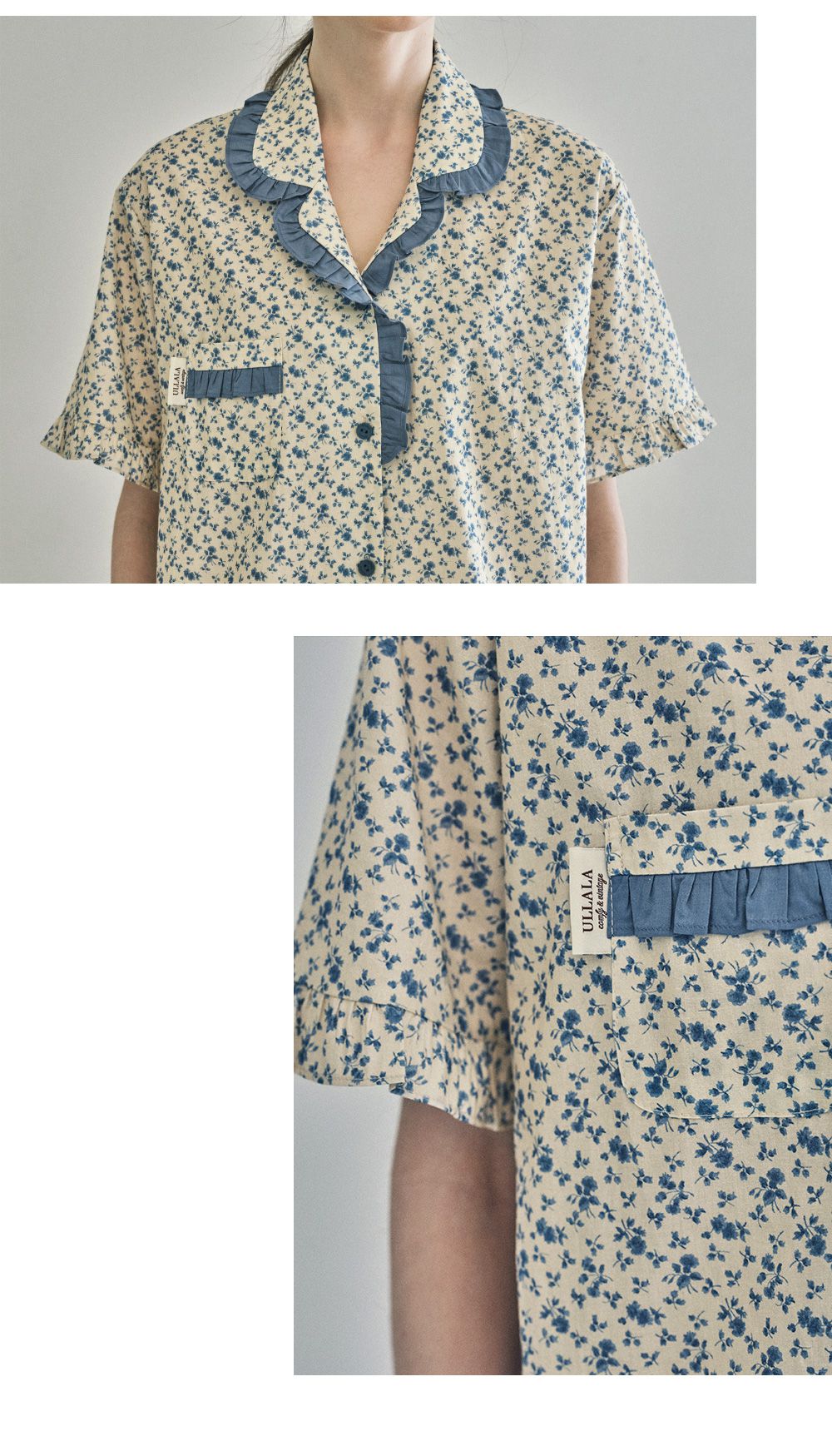 韓國 ULLALA - 玫瑰印花短袖睡衣(兩件式)-藍玫瑰 (FREE)