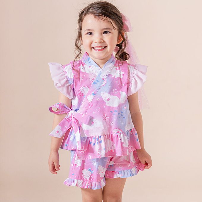 日本 Catherine Cottage - 甜美澎澎荷葉純棉二件式甚平-夢彩花火-粉紅