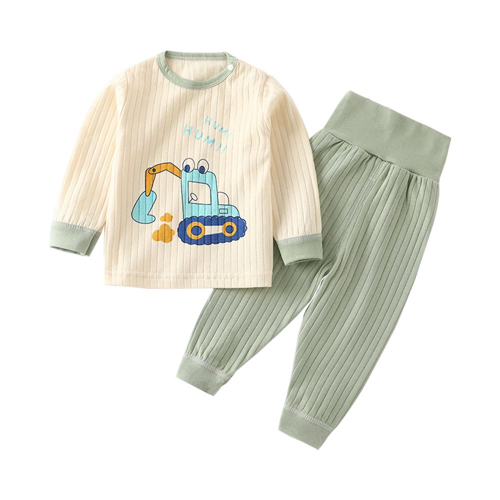 高腰長褲 長袖套裝 寶寶開檔長褲 兒童肩扣長袖上衣-挖土機