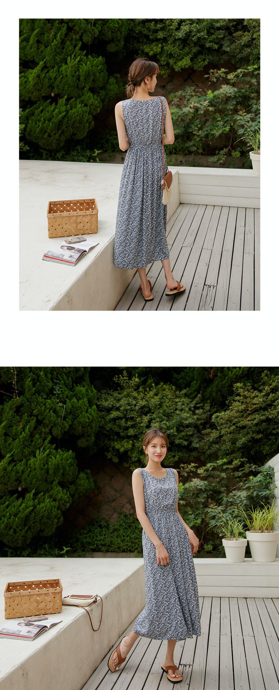 韓國 Urbantheroom - 單色碎花無袖縮腰長洋裝-藍 (Free)