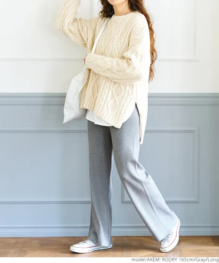 日本 COCA - 百搭美腿針織彈性垂墜寬褲-軍綠