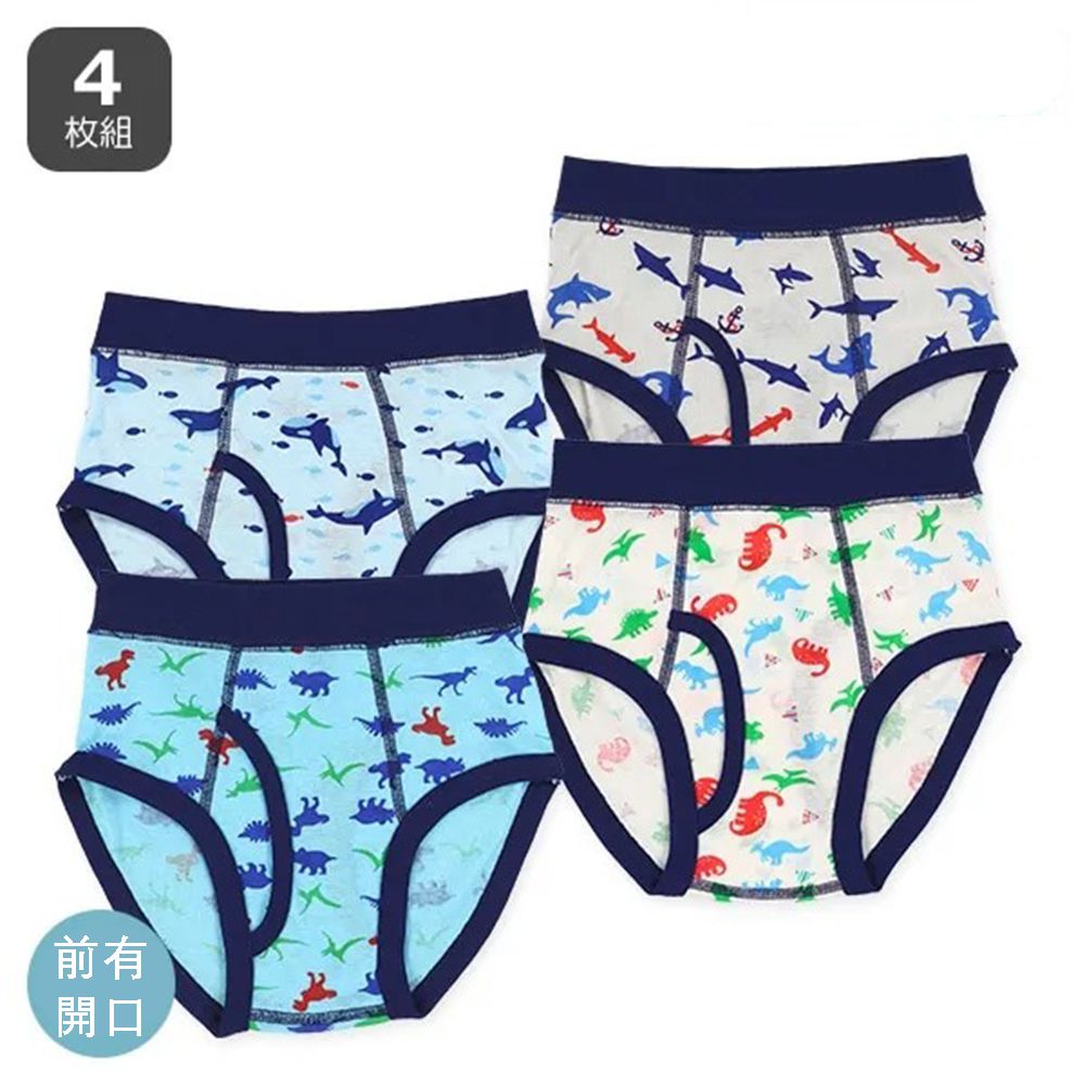 前開式混棉男孩三角內褲(4件組)-鯊魚/恐龍-藍灰系