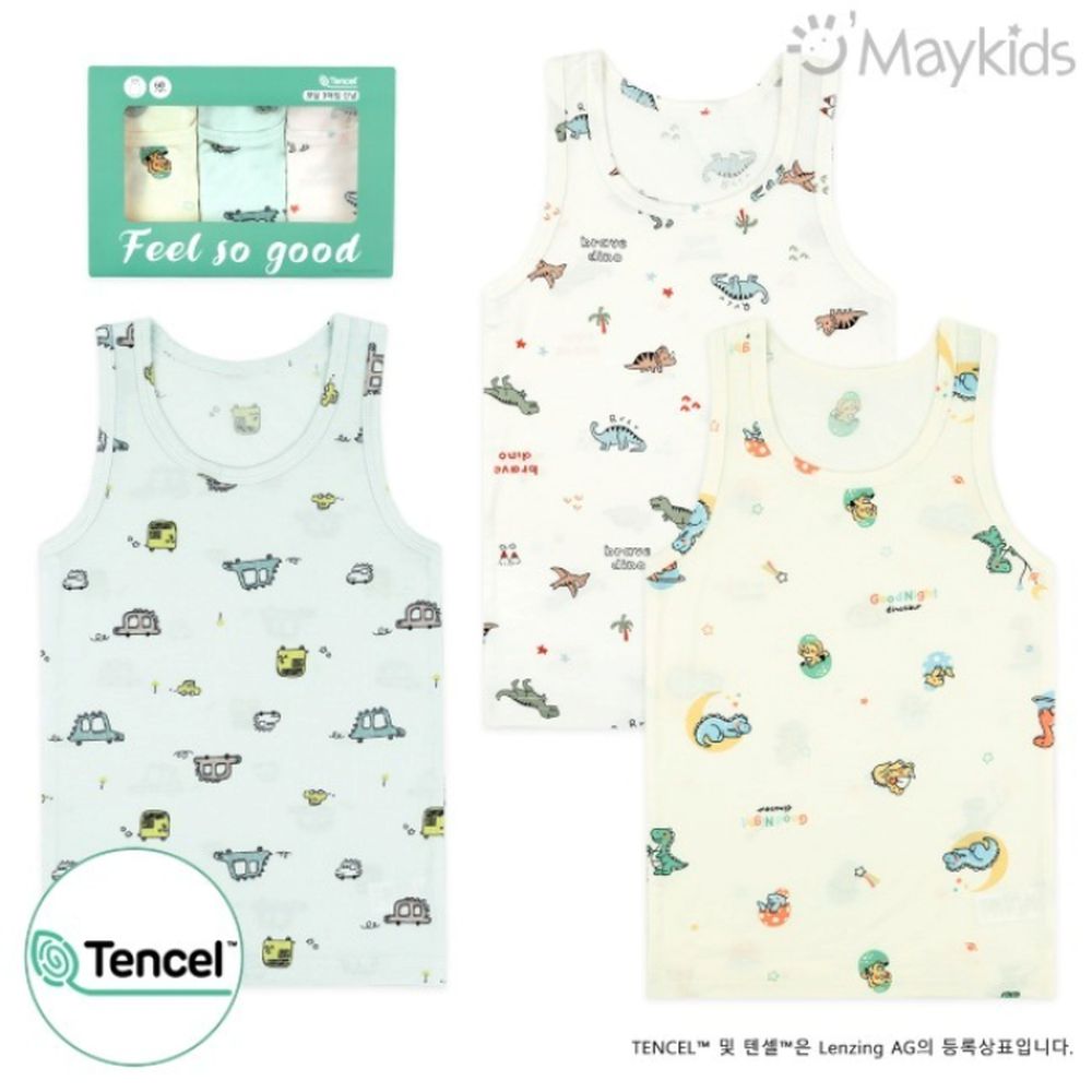 (3入組)男寶天絲莫代爾透氣背心-繽紛車車X恐龍-米白X米黃X淺綠