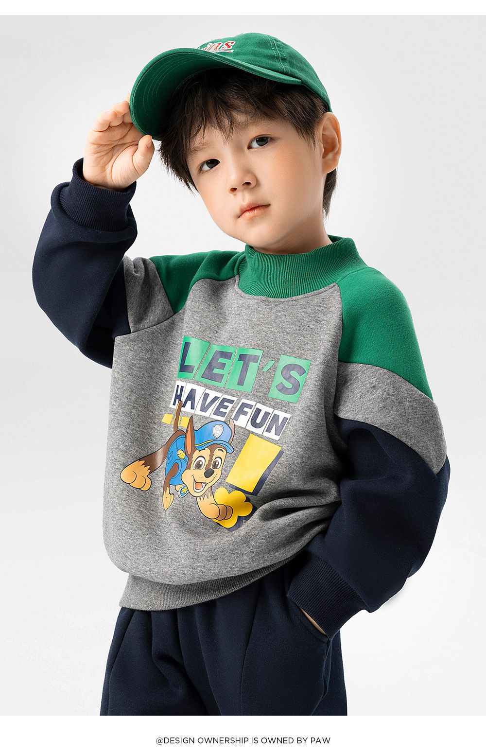 卡通汪汪隊加絨半高領長袖套裝-卡通人物阿奇-灰色