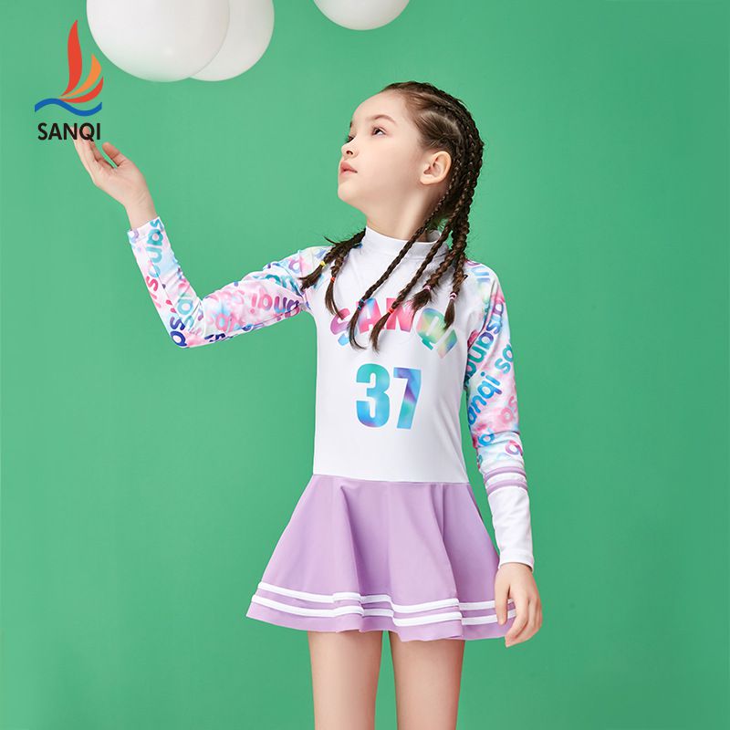 女寶運動風長袖連身裙泳衣-數字37-紫+白