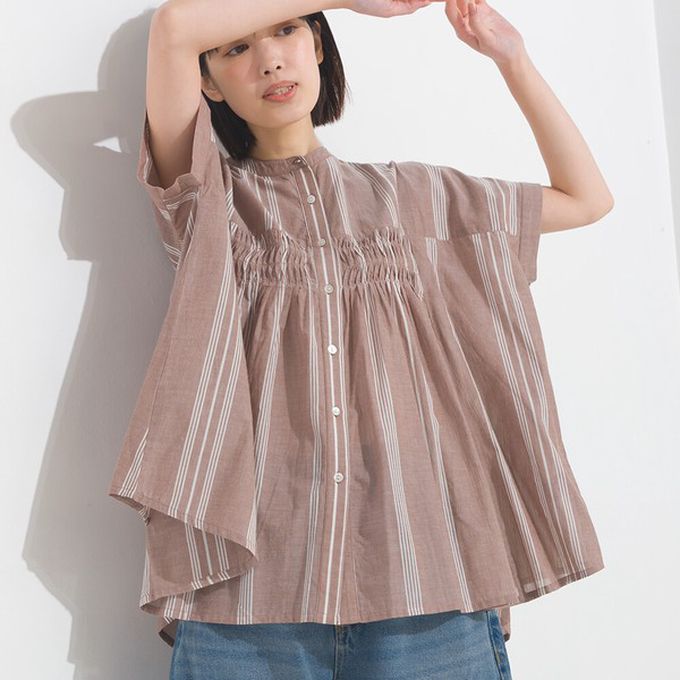 日本 OMNES - 100%印度棉 皺摺傘狀短袖襯衫-綠條紋