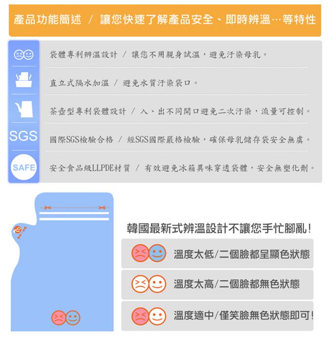 韓國 Perfection - 茶壺型直立式辨溫母乳冷凍袋-韓國製造 原裝進口-240mL-80入裝