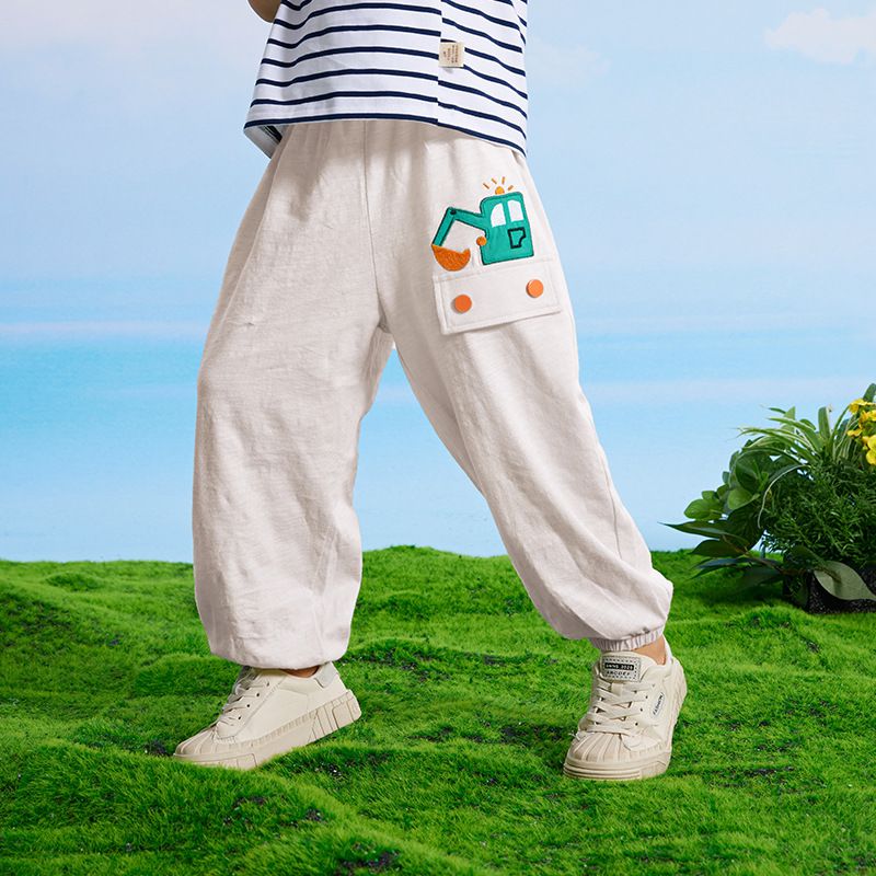 竹節棉束口長褲/防蚊褲-挖掘機-杏色