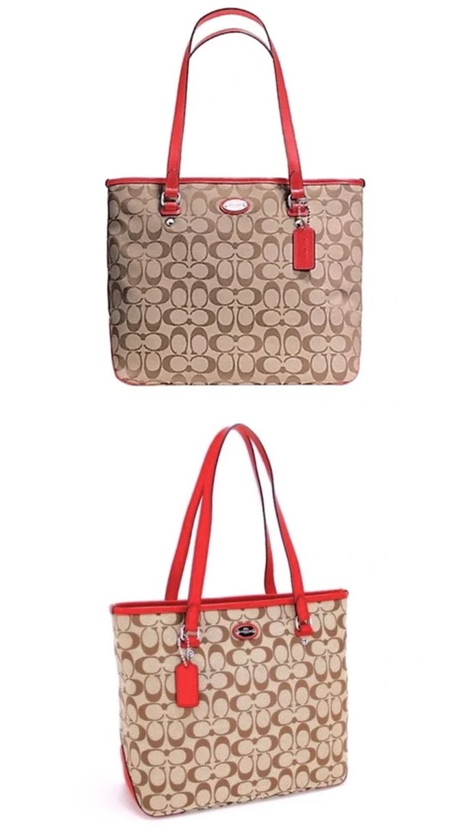 COACH - 滿版LOGO織布托特包 (卡其紅)