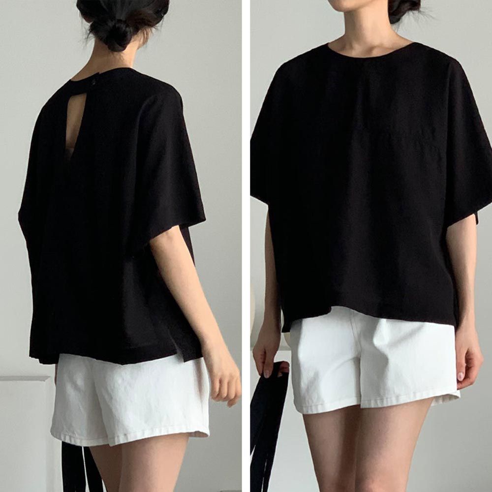 韓國女裝連線 - 後背鏤空圓領開衩襯衫-黑 (FREE)